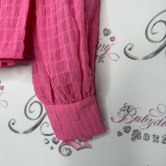 Wayf top long sleeve pink plaid print puff shoulders cute with button cuffs BNWT - Picture 5 of 13